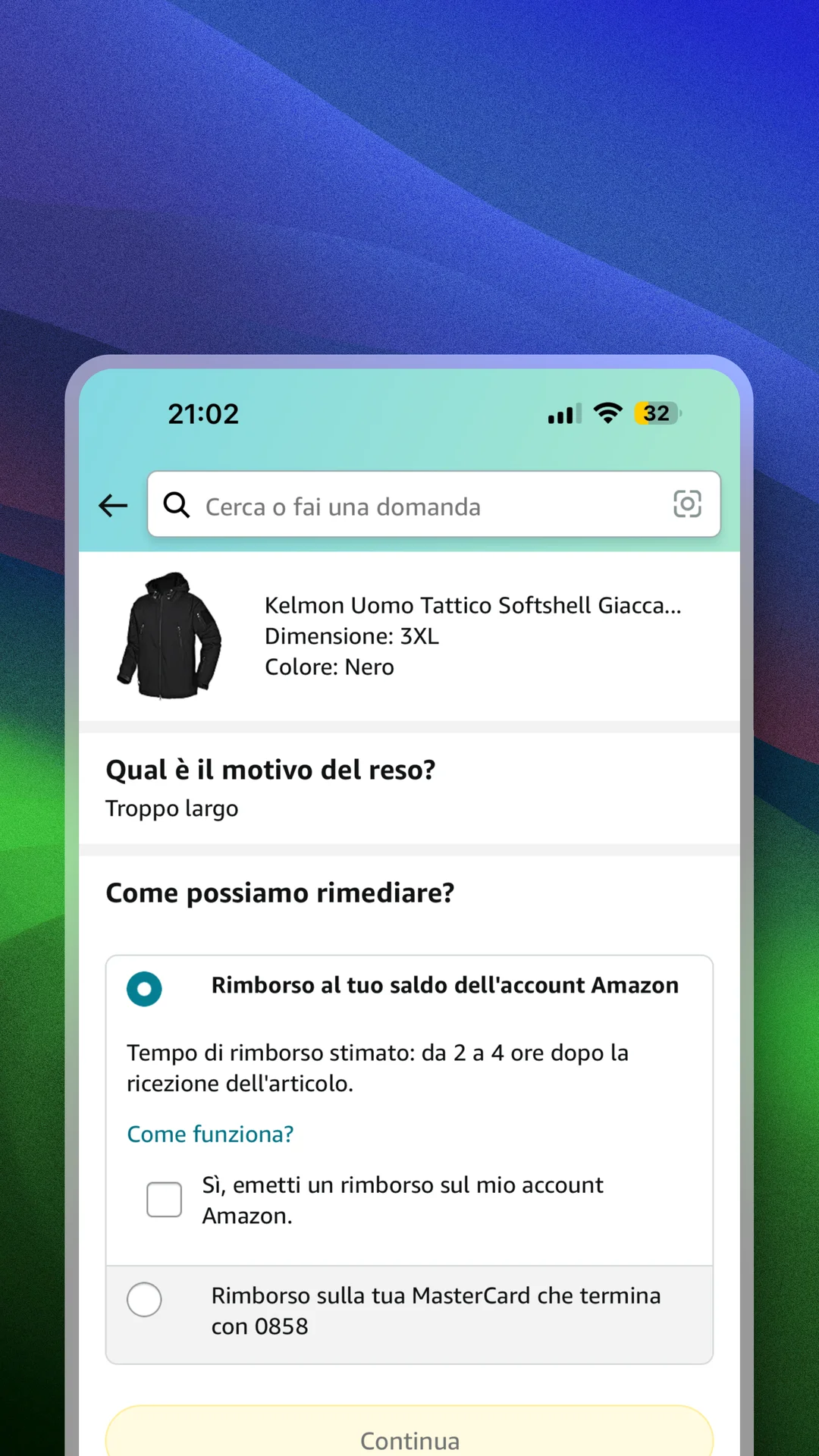 Il flusso di reso Amazon: l'opzione «Rimborso al tuo saldo dell'account Amazon» preselezionata, con la casella di conferma obbligatoria non ancora spuntata