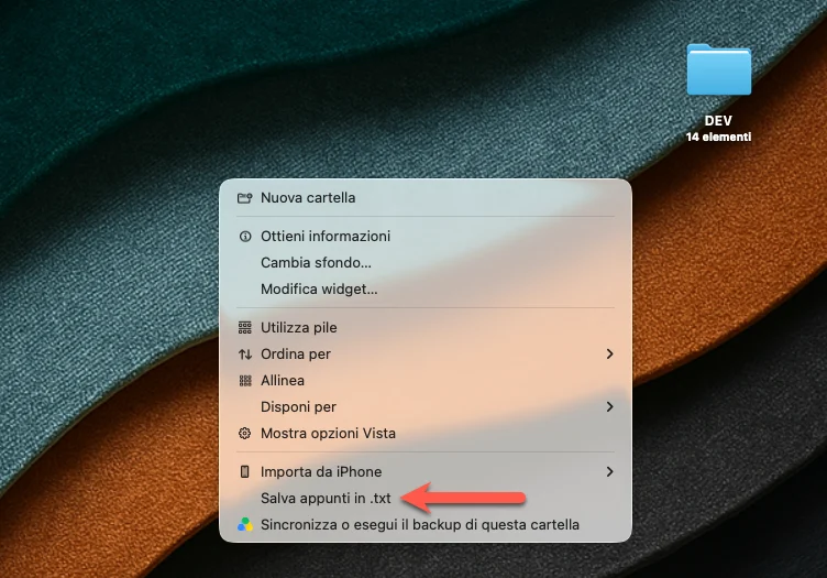 Il menu contestuale del Finder con la voce «Salva appunti in .txt» evidenziata