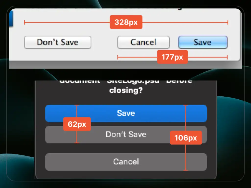 Misure delle distanze fra i pulsanti Save e Don't Save nei vecchi e nuovi dialoghi