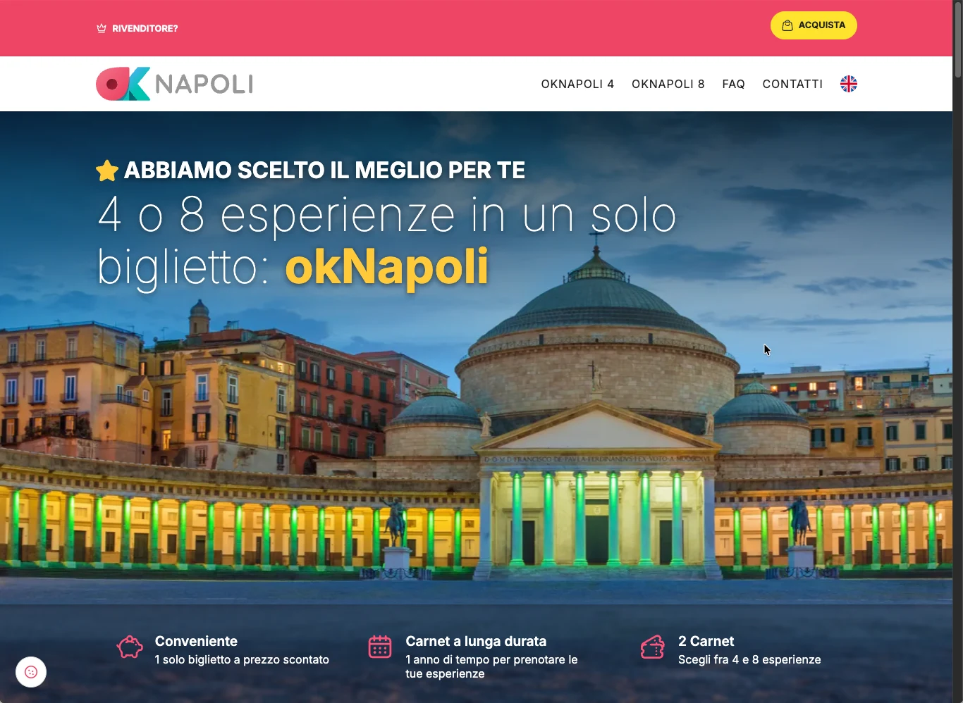 La hero di okNapoli col messaggio riscritto — «Abbiamo scelto il meglio per te» e «4 o 8 esperienze in un solo biglietto: okNapoli», ma con ancora i vecchi vantaggi sotto