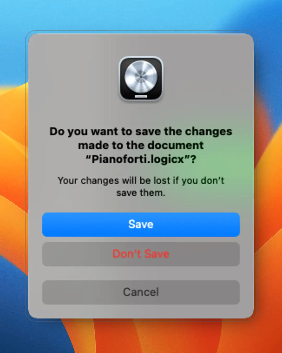 Dialogo di salvataggio verticale di Logic Pro