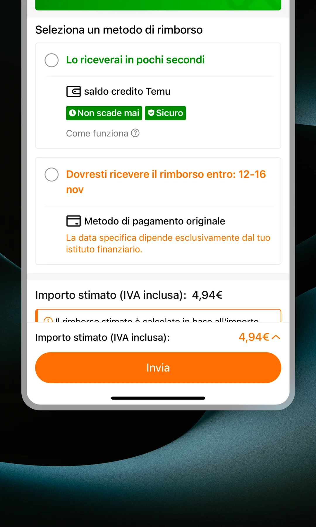 Il flusso di reso Temu, selezione del metodo di rimborso: nessuna opzione preselezionata, saldo credito Temu e metodo di pagamento originale alla pari