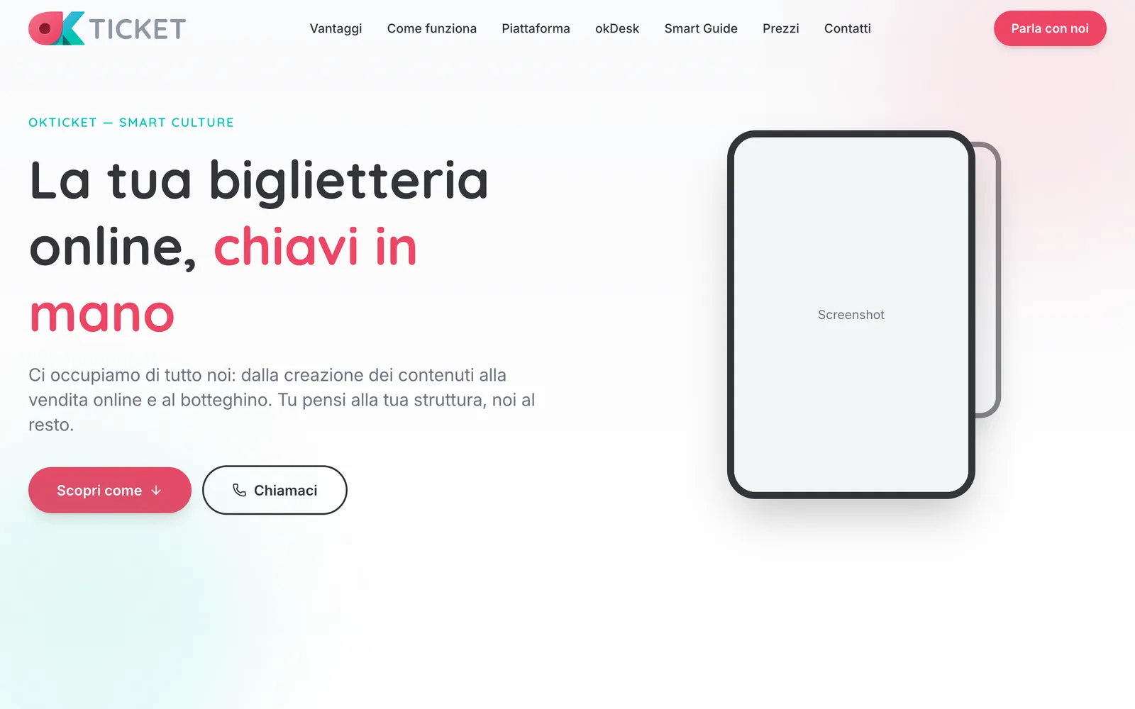 La hero della prima proposta della landing okTicket, 6 marzo 2026