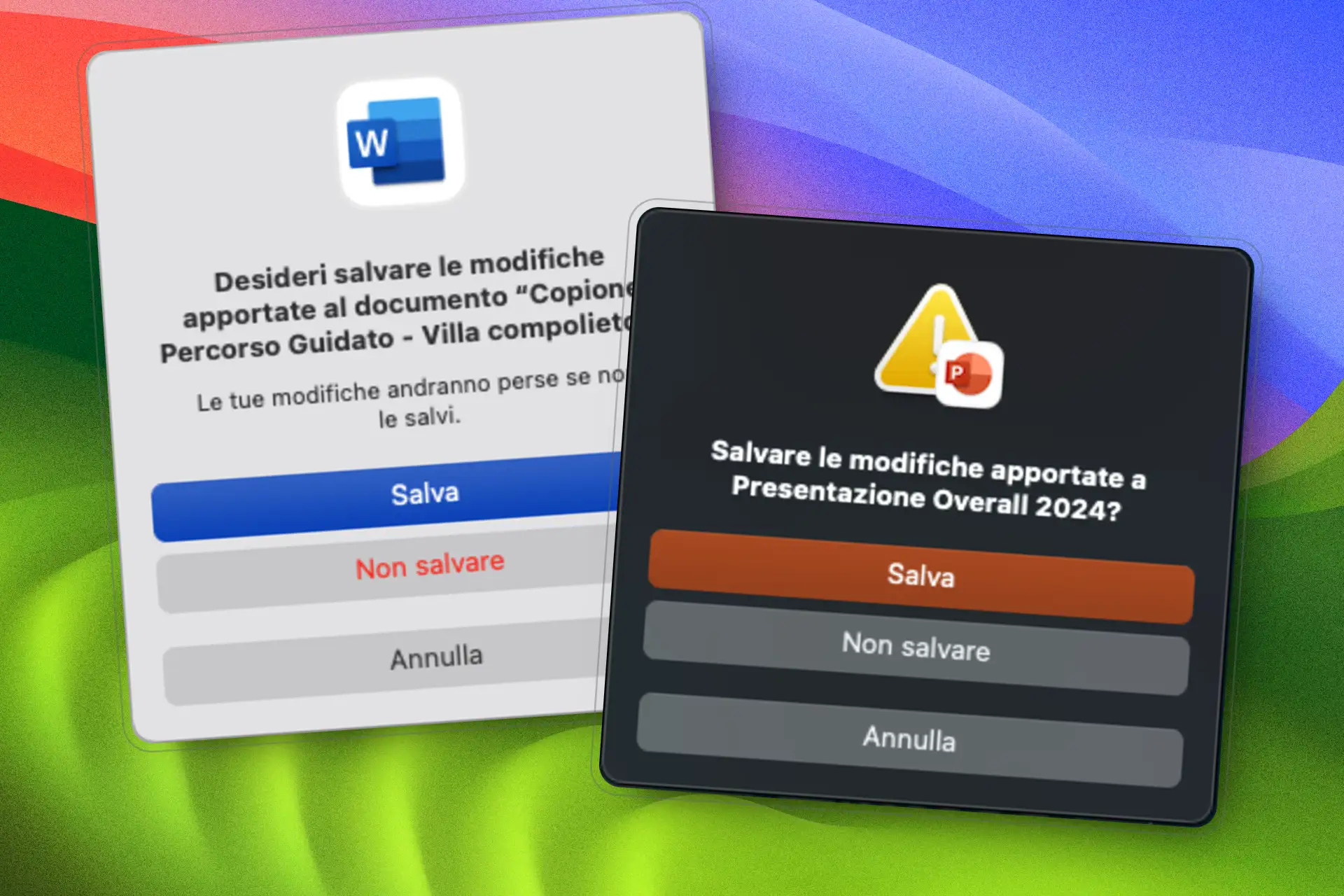 Dialoghi di salvataggio verticali di Microsoft Word e PowerPoint per Mac