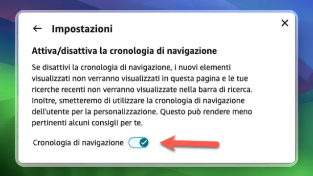 Popup Altre impostazioni in Impostazioni avanzate. Cronologia di navigazione Amazon