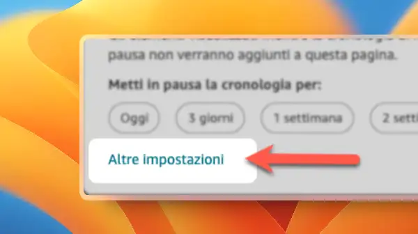 Pulsante Altre impostazioni in Impostazioni avanzate. Cronologia di navigazione Amazon